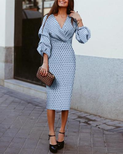 Polka Dots V Neck Holiday Dresses Shift Daytime Midi Dresss