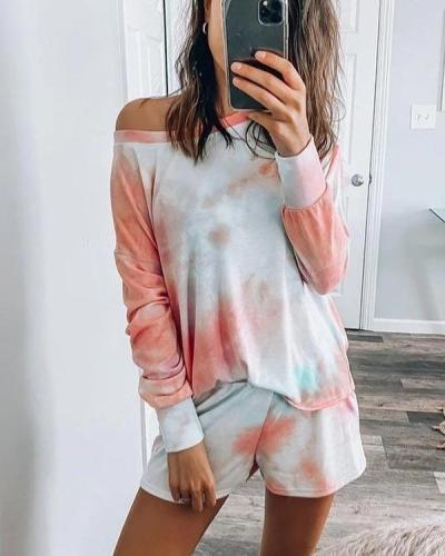 Colorful Tie Dye Oblique Shoulder Elastic Waistband Sweatsuit