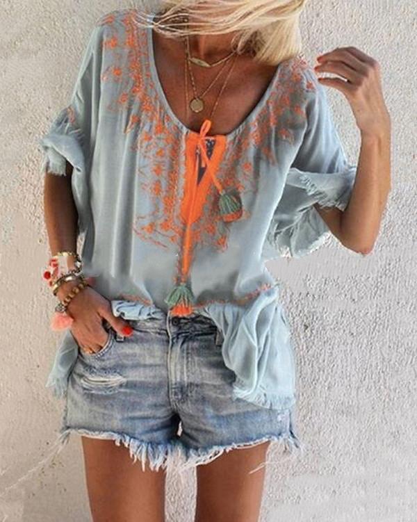 Casual Half Sleeve Floral-Print V Neck Blouses