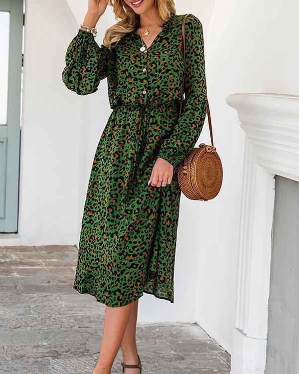 Leopard Print Half Button Blouson Shirt Dress