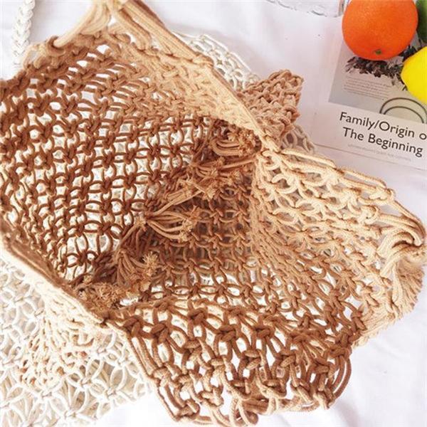 Women Bucket Bag Cotton Rope Net Pocket Beach Bag Swim Storage Bag