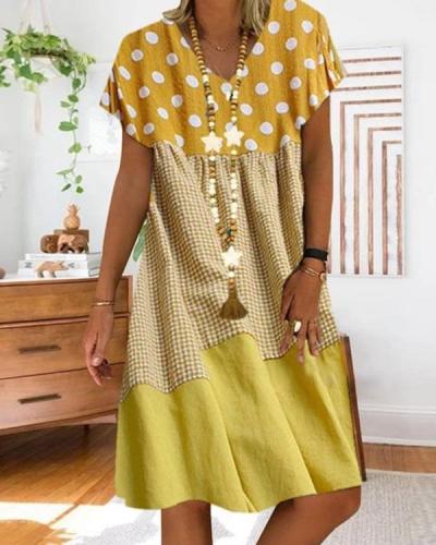Women Polka Dot Plaid Stitching Short Sleeve V-Neck Dress