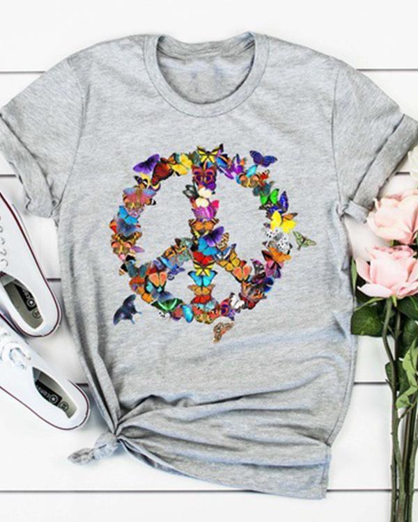 Butterfly Peace Sign Printing Short Sleeve T-shirt