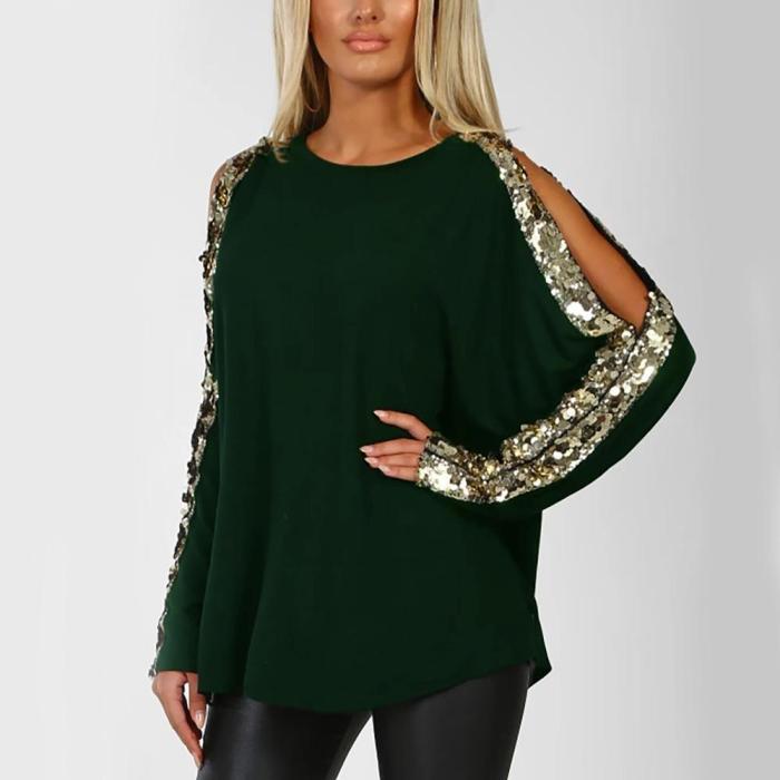 Round Neck Long Sleeved with Cutout Gloss Sequins Top