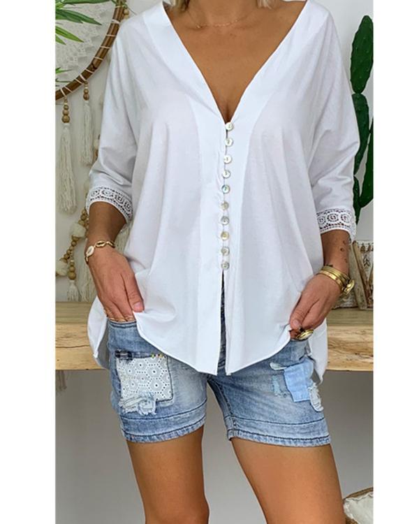 Fashion Button Lace 3/4 Sleeved V Neck Shirts Tops