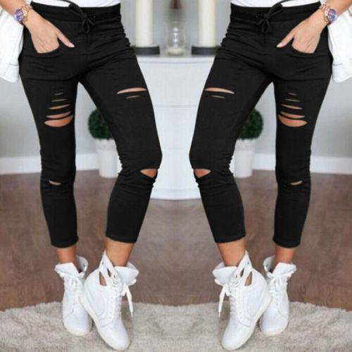 Women Denim Pants Holes Destroyed Knee Pencil Pants Casual Trousers