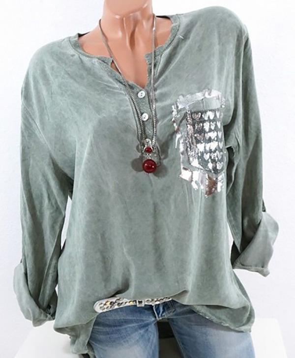 3/4 Sleeve Crew Neck Buttoned Paneled Blouse