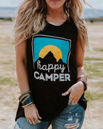 Happy Camper Letter Print O-Neck Tank Shirt