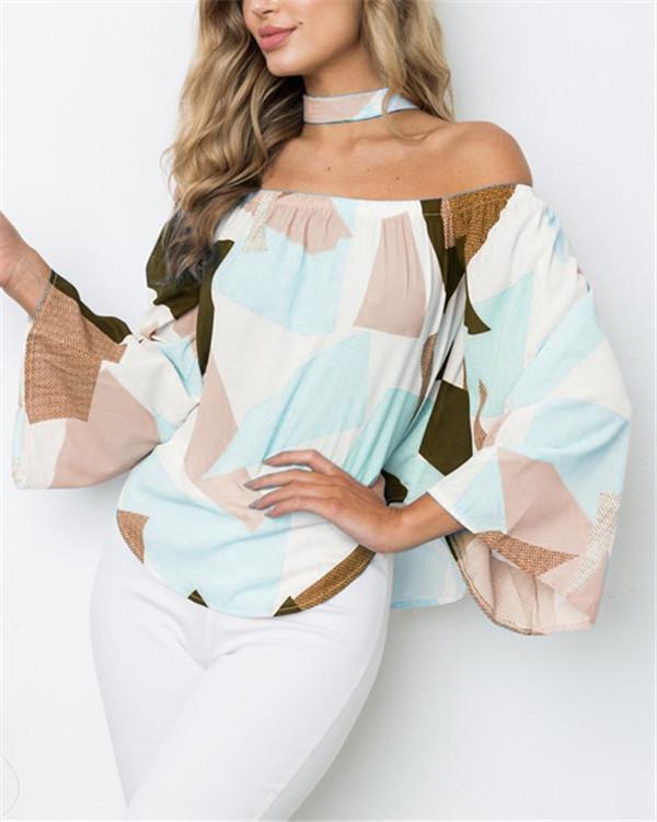 Women Printed Off Shoulder Casual Long Sleeved Blouses Tops