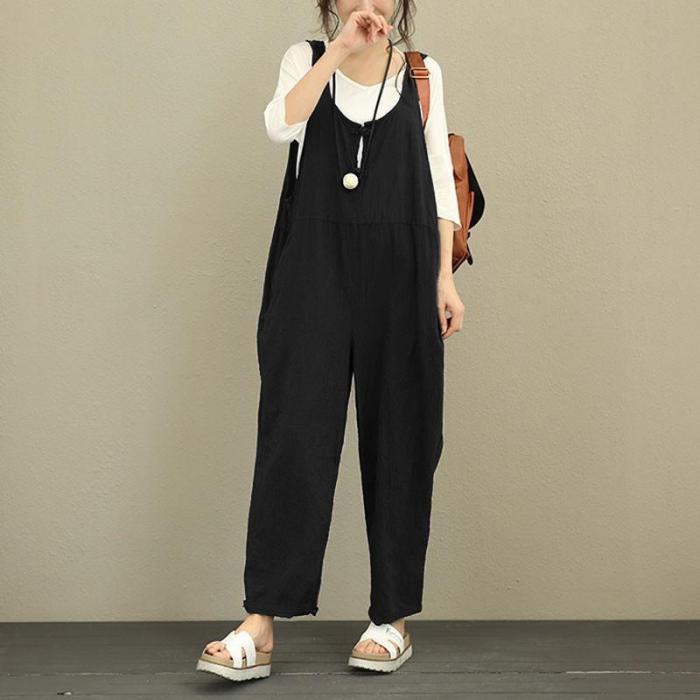 Vintage Pure Color Frog Button Loose Women Sleeveless Jumpsuits