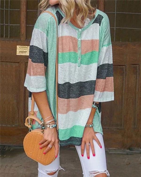 3/4 Sleeve Stripe Stylish  Holiday Summer Women Shirt Tops