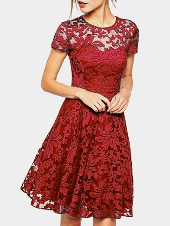 Lace Details Round Neck Short Sleeves Mini Dresses with Lined