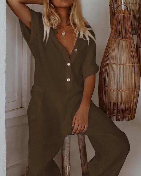 Plus Size Casual Short Sleeve Solid Pockets Jumpsuits