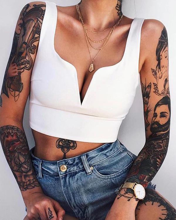 Solid Sexy Blouse Casual V-Neck Crop Top