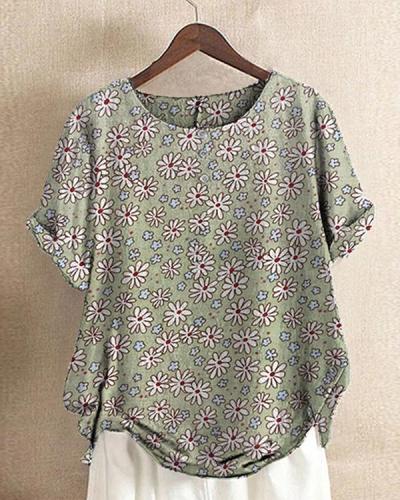 Daisy Floral Print Short Sleeve O-Neck T-shirt