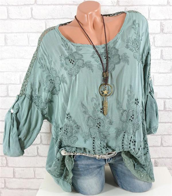 Embroidered Hollow Long-sleeved Blouses Plus Size Tops