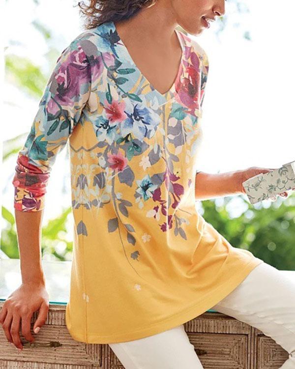 Floral Print V-neck Casual Long Sleeves T-shirts