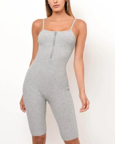 Knit Zippered Front Spaghetti Strap Ribbed Romper