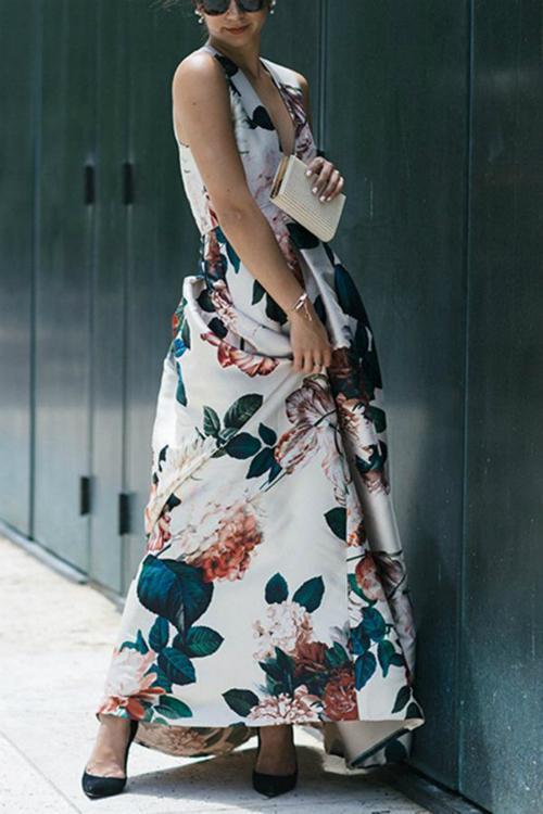 Stylish Floral Print Deep V Sleeveless Maxi Dress