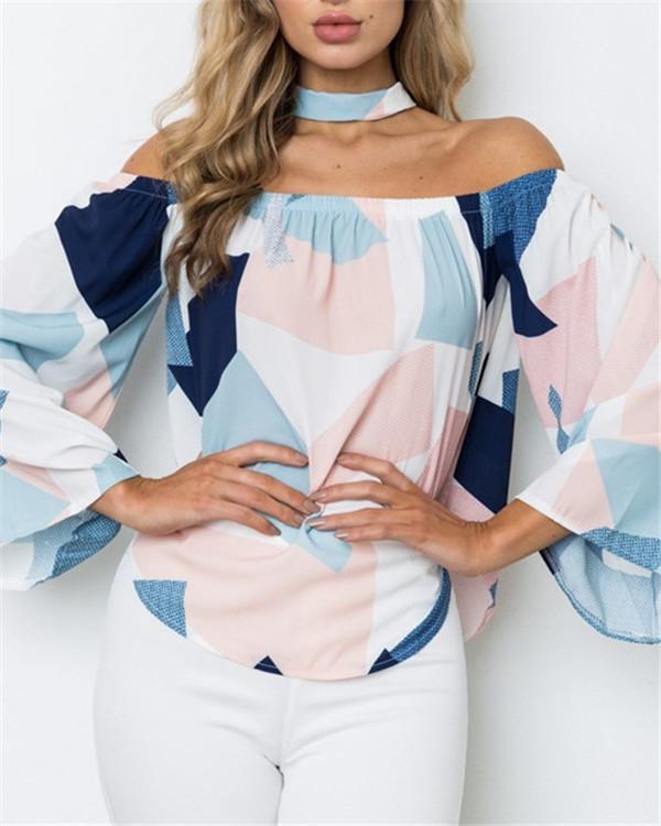 Women Printed Off Shoulder Casual Long Sleeved Blouses Tops