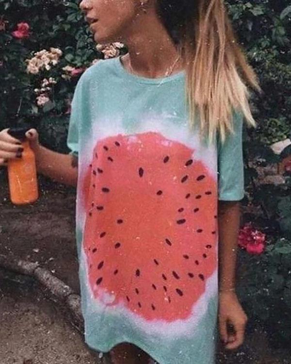 Watermelon Tie-dye Printed Casual Long T-shirt