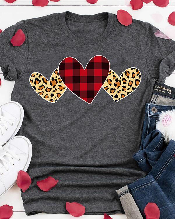 Plaid Leopard Printed Heart T-Shirt Tee