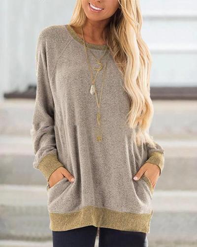 Sweater Pocket Solid  Design Casual Round Neck Shirts & Tops