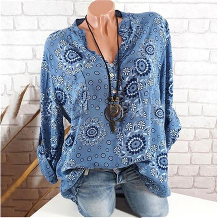 Plus Size Casual Long Sleeves Flower Printed V-Neck Blouses