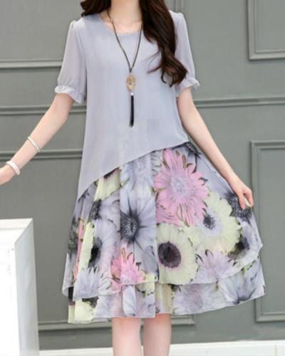 Gray Floral Short Sleeve Midi A-line Dress
