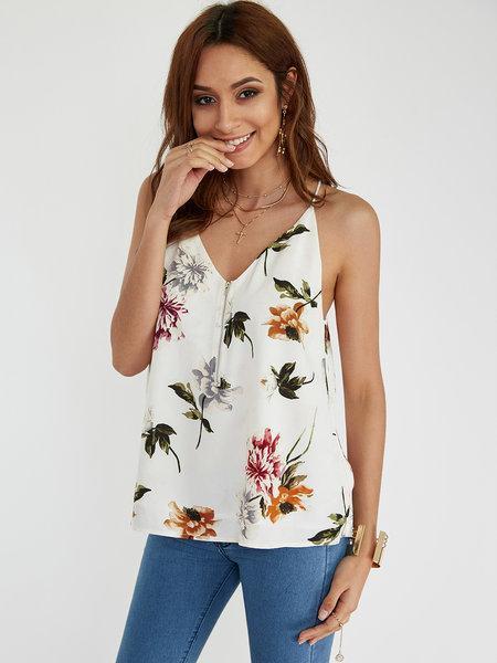 White Random Floral Print V-neck Cami Tops with Zip Design