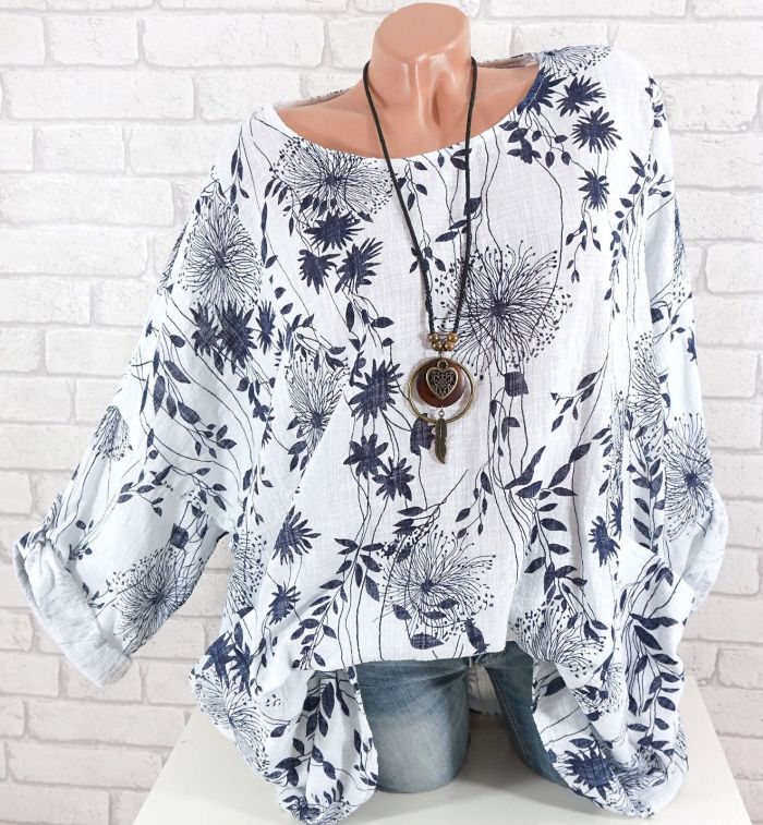 Plus Size Casual Long Sleeve Leaves Printed O-Neck T-shirts