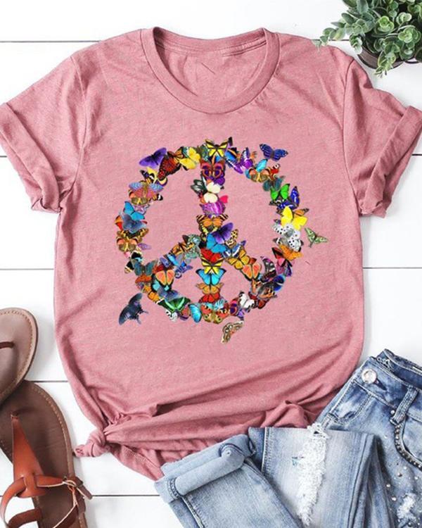 Butterfly Peace Sign Printing Short Sleeve T-shirt