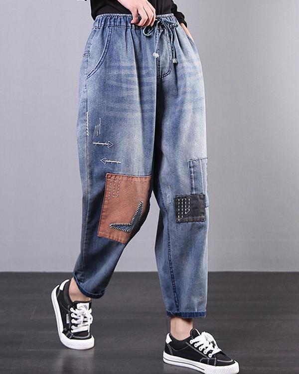 US$ 50.99 - Retro Patch Drawstring Women Pants - www.tangdress.com