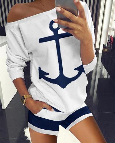 Long Sleeve Boat Anchor Print Striped Top & Shorts Set
