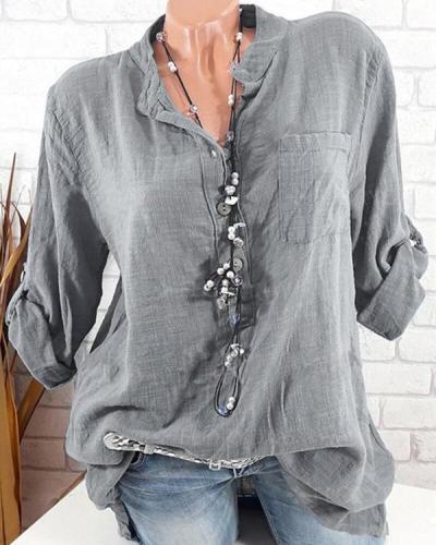 Women Casual Solid Color V-Neck Long Sleeve Cotton Blouses Tops