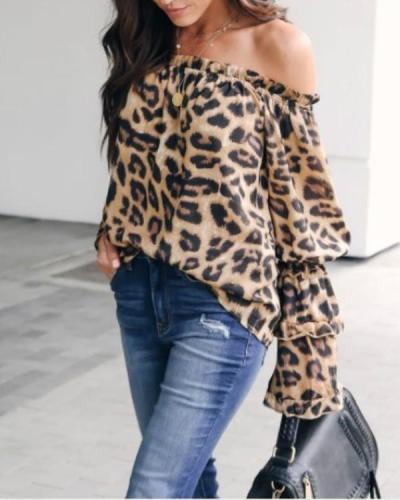 Leopard Printed Off-Shoulder Flare Long Sleeve Sexy Blouses
