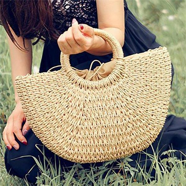 Womens Casual Beach Style Straw Bucket  Bags