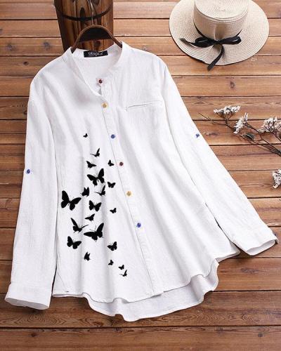 Collar Color Button Shirt Butterfly Printed Shirt