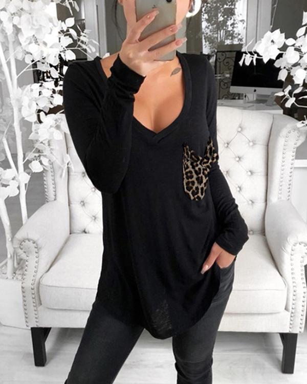 Casual V-neck Solid Color Patch Pocket Blouse Long-sleeved Loose Top