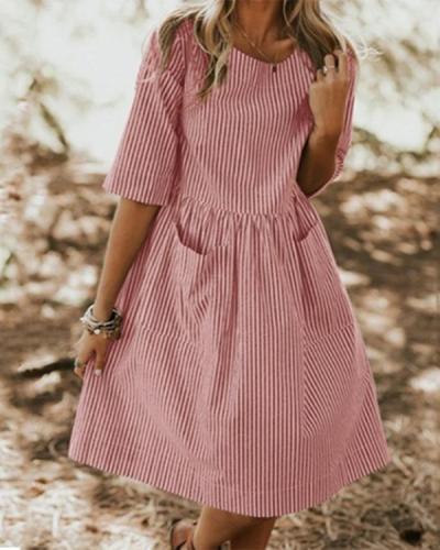 Daily A-Line Crew Neck Half Sleeve Stripe Dresses With Pockets