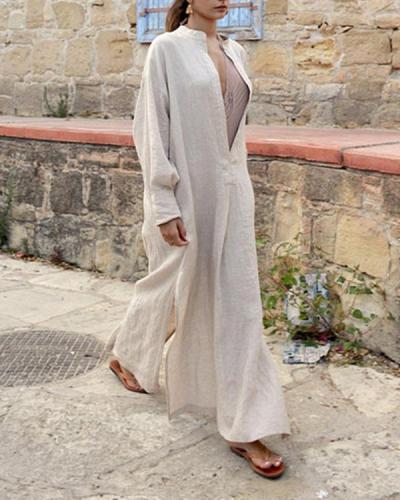 Women Vintage Loose Solid V Neck Slit Cotton Linen Dress