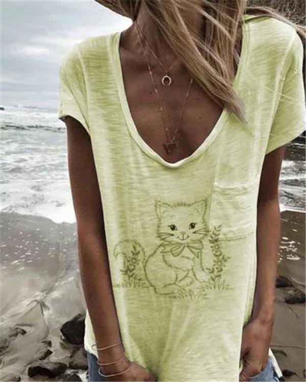 Cute Cat Summer Women Daily Shift Holiday Casual Blouse
