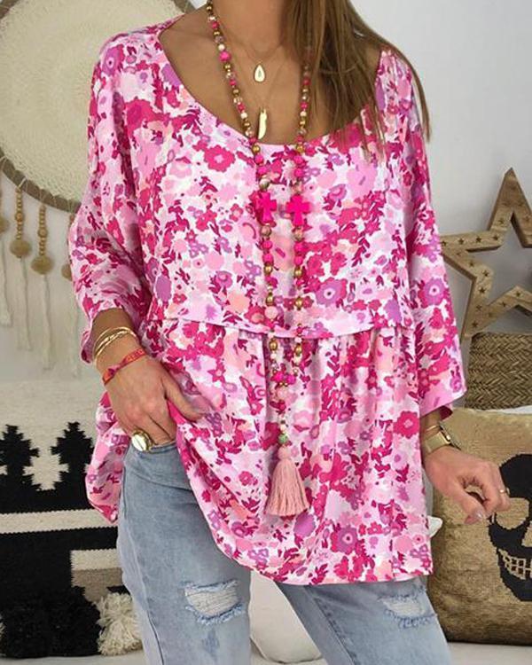 Women Plus Size Floral Printed 3/4 Sleeve Plus Size Blouses Tops