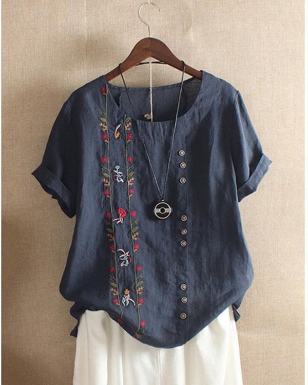 Bohemian Embroidery Floral Short Sleeve Summer T-Shirt