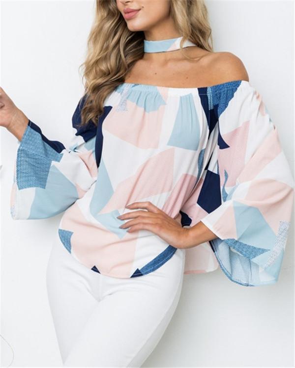 Women Printed Off Shoulder Casual Long Sleeved Blouses Tops