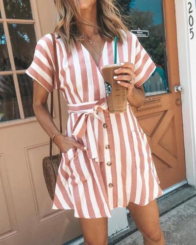 Women's Sexy V Neck Basic Striped Summer Mini Dress
