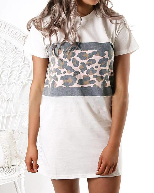 Round Neck Leopard Stitching Short Sleeve Casual Straight Dress