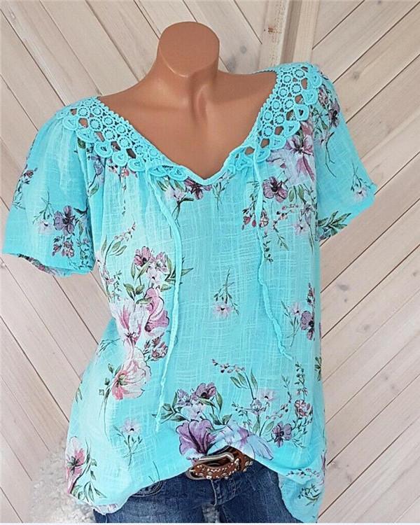 Casual V Neck Floral Printed  Women Shirts Tops