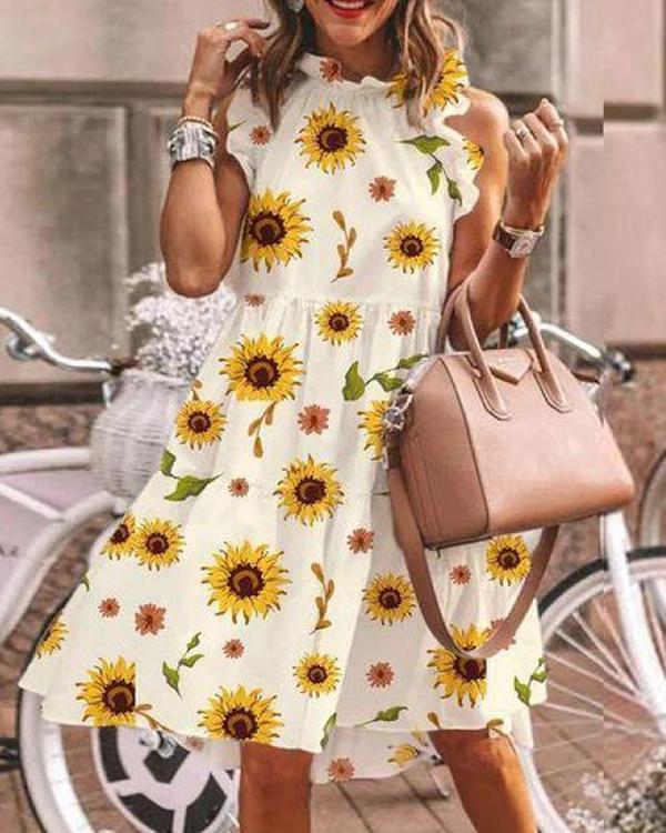 Floral-Print Lotus Leaf Sleeve Midi Dress