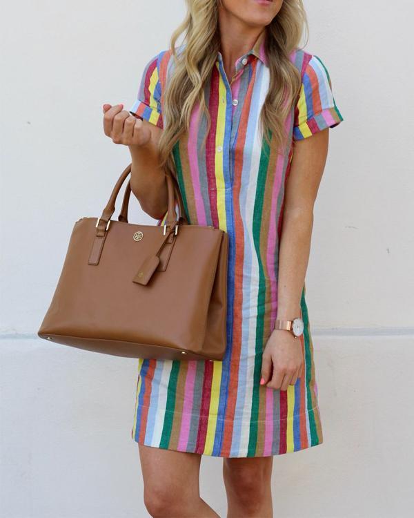 Fashion Short Sleeve Turn Down Collar Striped Dresses